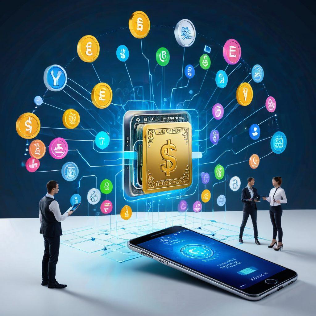 A modern digital wallet surrounded by floating currency symbols and secure locks, illustrating the concept of safe online banking. Include a happy family using devices for banking, with a bright and futuristic interface in the background. Emphasize convenience and security. vibrant colors. super-realistic. 3D.