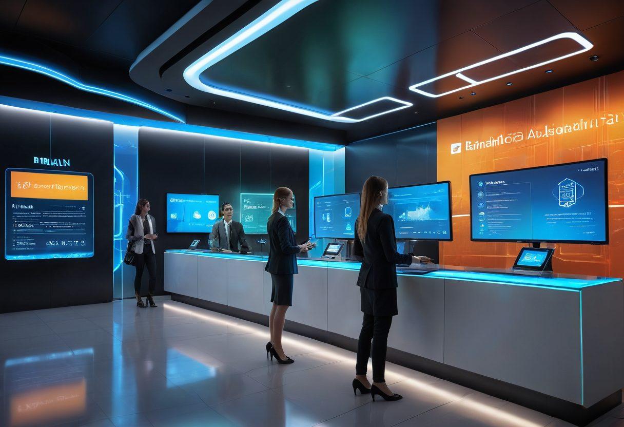 A futuristic bank interior showcasing innovative financial technologies, with sleek digital interfaces and interactive holograms. A satisfied customer engaging with a friendly virtual assistant, surrounded by vibrant displays of financial data and user-friendly apps. Soft lighting creates a warm atmosphere, highlighting the futuristic design and modern banking solutions. super-realistic. vibrant colors. 3D.